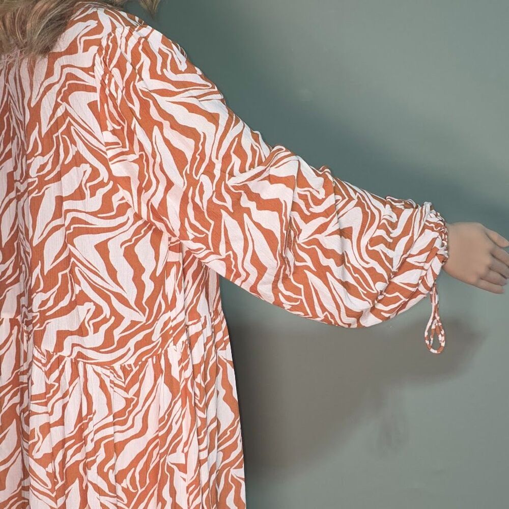 FRESHA London Daphine Maxi Dress Orange White Zebra Tiered Boho L/S V-Neck SZ: M - Picture 9 of 9